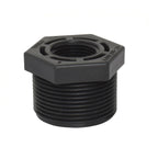 Black PVC threaded reducer bush with hexagonal flange, male external threads, and female internal socket opening