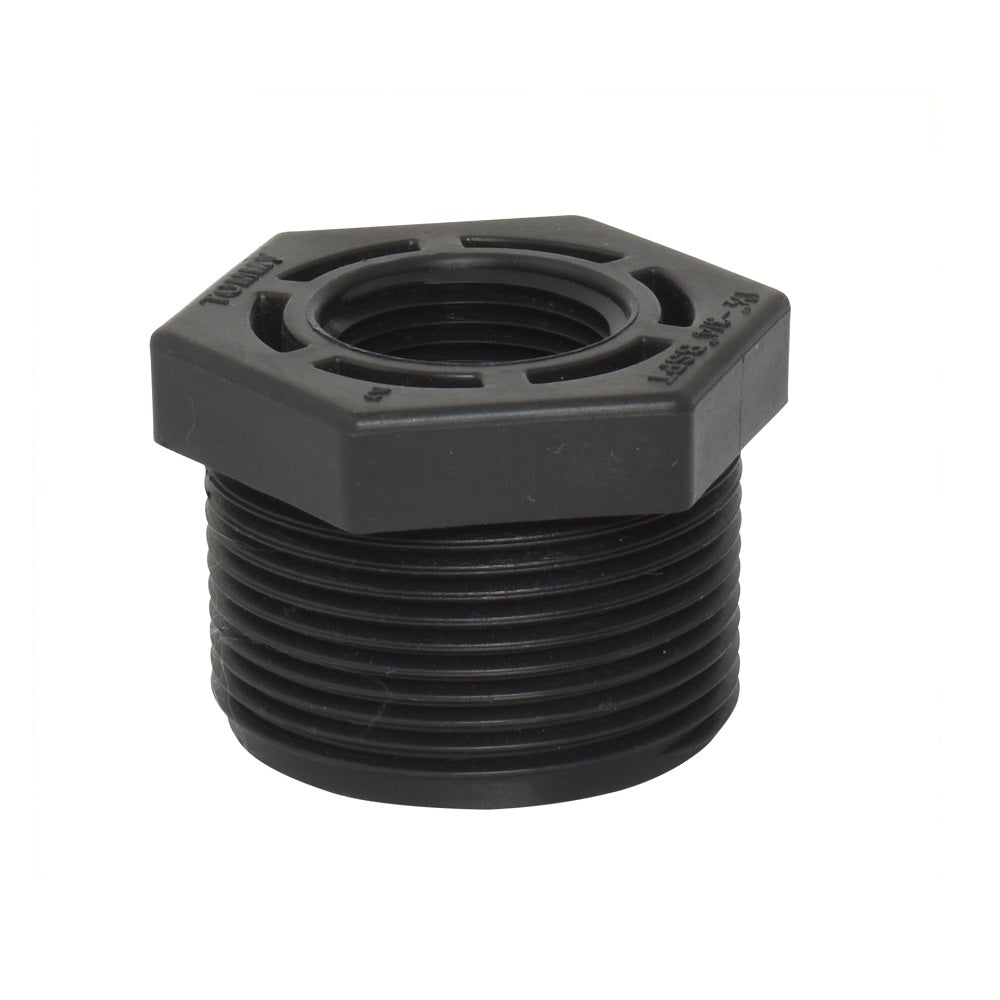 Black PVC threaded reducer bush with hexagonal flange, male external threads, and female internal socket opening