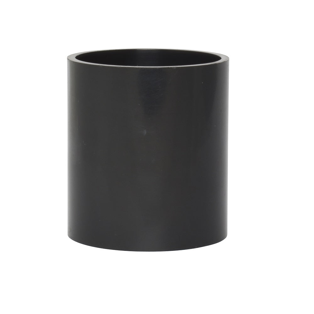 Black PVC 50mm straight coupling connector with smooth cylindrical body and open ends, matte finish