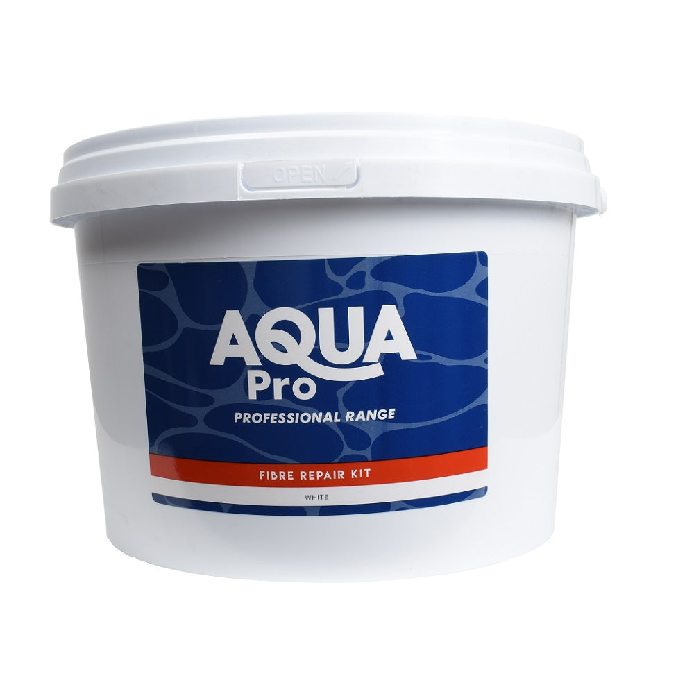 Aqua Pro Fibre Repair Kit white in round white plastic tub with snap-fit lid and blue branded label