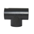 Black PVC 50mm T-piece pipe fitting with three open socket ends in a tee configuration