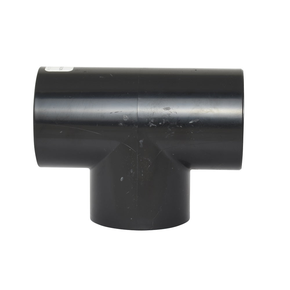Black PVC 50mm T-piece pipe fitting with three open socket ends in a tee configuration