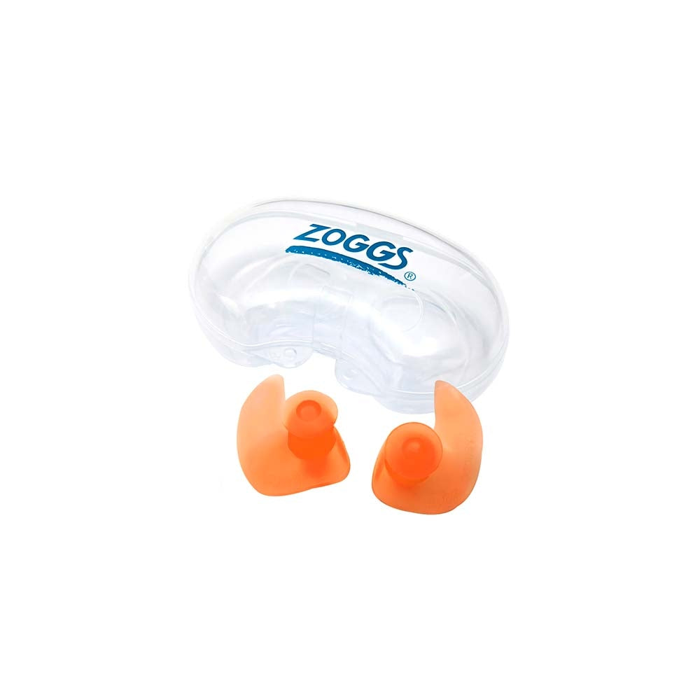 Zoggs Aqua Plugz Junior orange silicone ear plugs shown outside their clear plastic carry case, white background