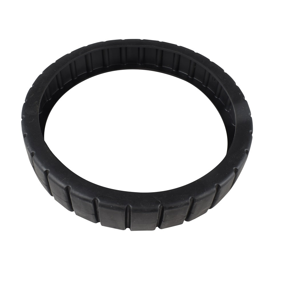 Black rubber pool cleaner tyre with segmented tread pattern for Kreepy Krauly Dominator Lite, circular ring shape