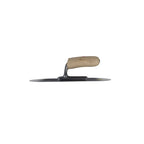 Marbelite pool trowel with flat dark steel blade and rounded natural wood handle, side profile view
