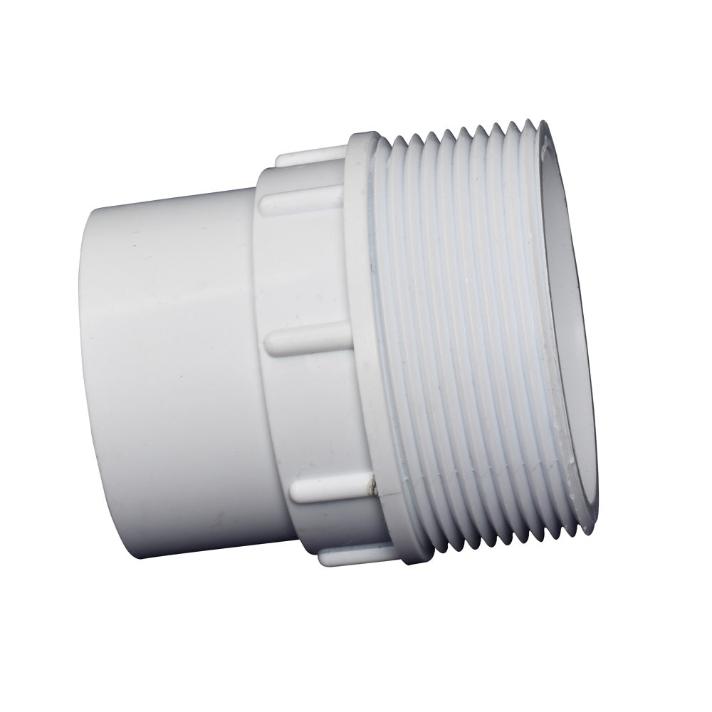 White PVC pipe adapter with male threaded end and smooth socket end, 50mm fitting for plumbing connections