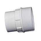 White PVC pipe adapter with male threaded end and smooth socket end, 50mm fitting for plumbing connections