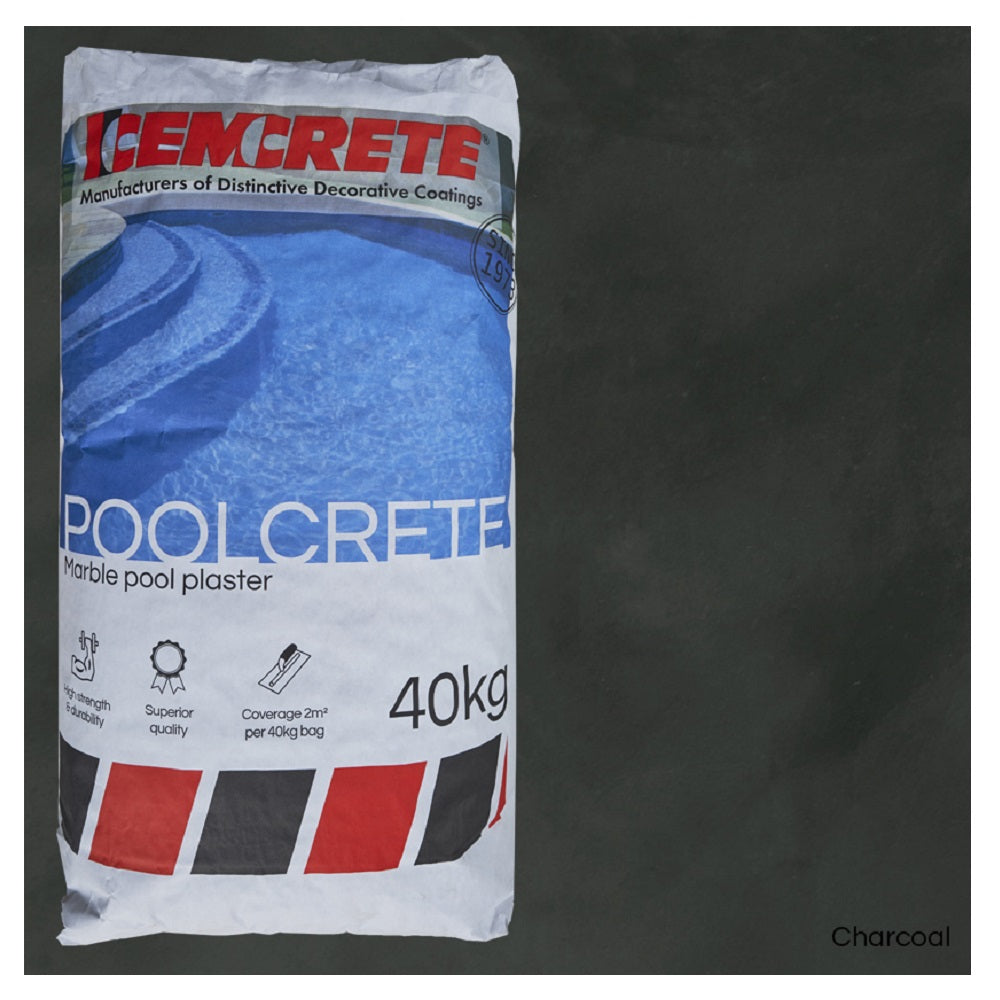 Cemcrete Poolcrete charcoal marble pool plaster 40kg white and red woven bag with pool imagery