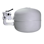Grey fibreglass pool sand filter tank with side-mount multiport valve, white PVC pipe fittings and black lever handle