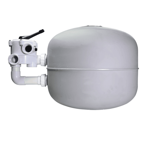 Grey fibreglass pool sand filter tank with side-mount multiport valve, white PVC pipe fittings and black lever handle