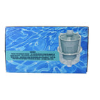 Pool inline leaf catcher filter in clear polycarbonate with mesh basket, shown on blue water-themed product packaging box