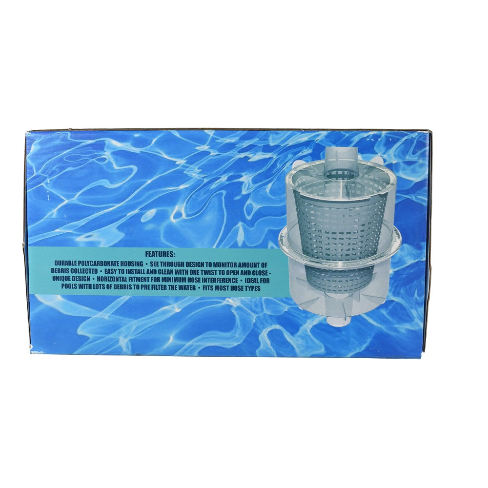 Pool inline leaf catcher filter in clear polycarbonate with mesh basket, shown on blue water-themed product packaging box