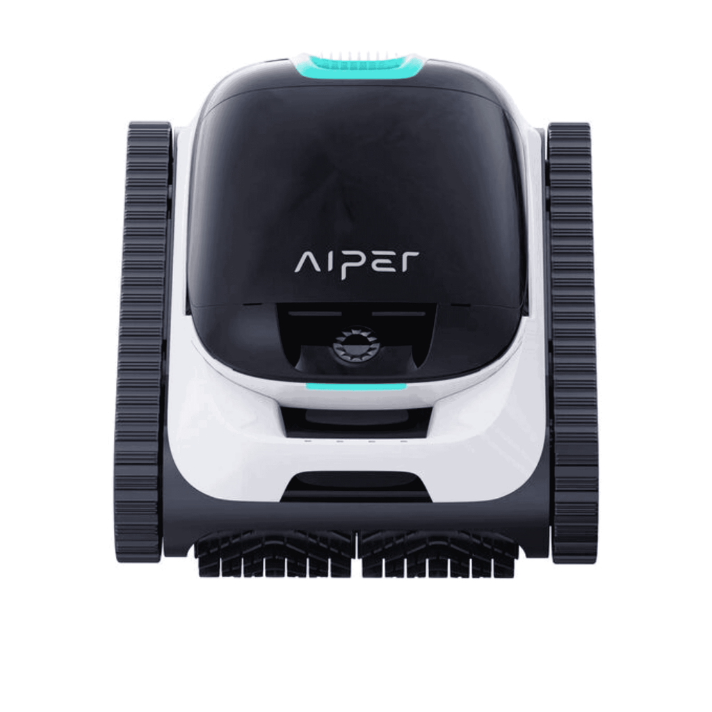 Aiper Scuba N1 robotic pool cleaner, front view showing black body, white trim, teal accent, treaded wheels and brush head on white background
