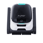 Aiper Scuba N1 robotic pool cleaner, front view showing black body, white trim, teal accent, treaded wheels and brush head on white background