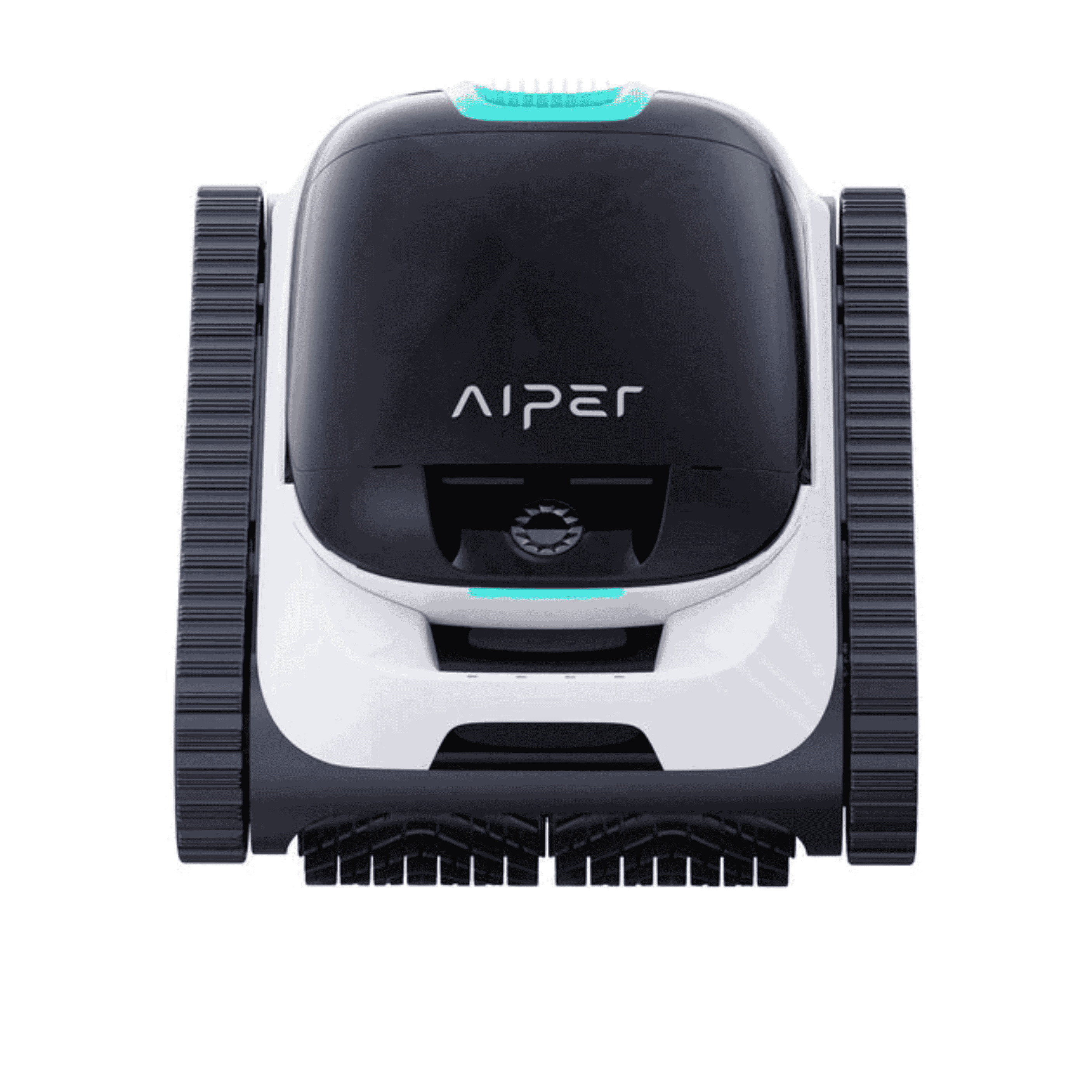 Aiper Scuba N1 robotic pool cleaner, front view showing black body, white trim, teal accent, treaded wheels and brush head on white background