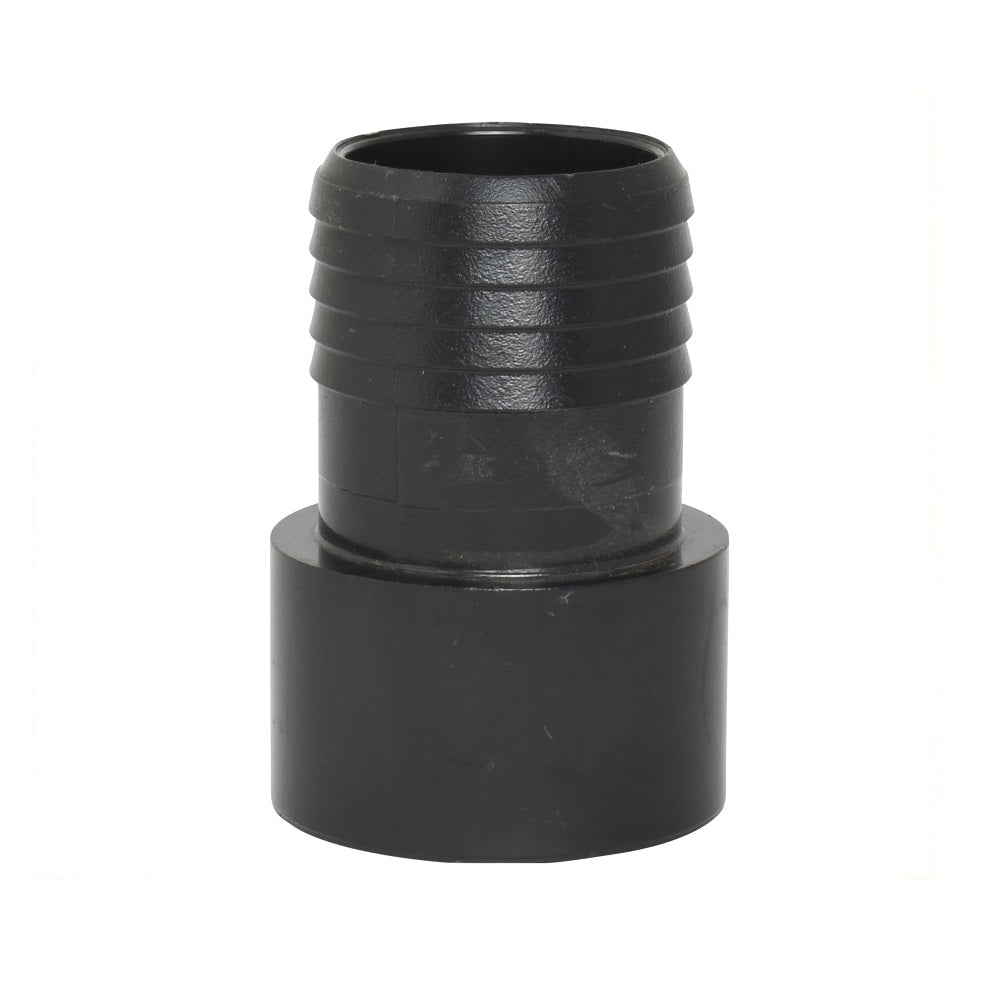 Black plastic hose barb to female threaded adapter fitting with ribbed barb end and wide cylindrical base