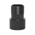 Black plastic hose barb to female threaded adapter fitting with ribbed barb end and wide cylindrical base