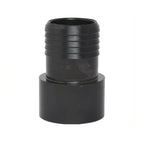 Black plastic hose barb to female threaded adapter fitting with ribbed barb end and wide cylindrical base