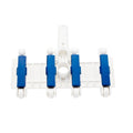White and blue plastic pool vacuum sweeper head with eight small wheels and central hose connector port, top-down view