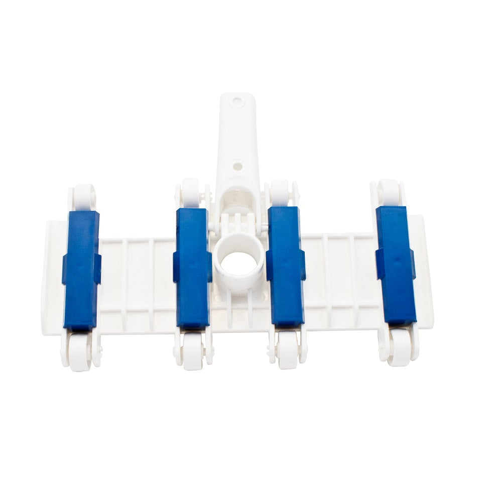 White and blue plastic pool vacuum sweeper head with eight small wheels and central hose connector port, top-down view
