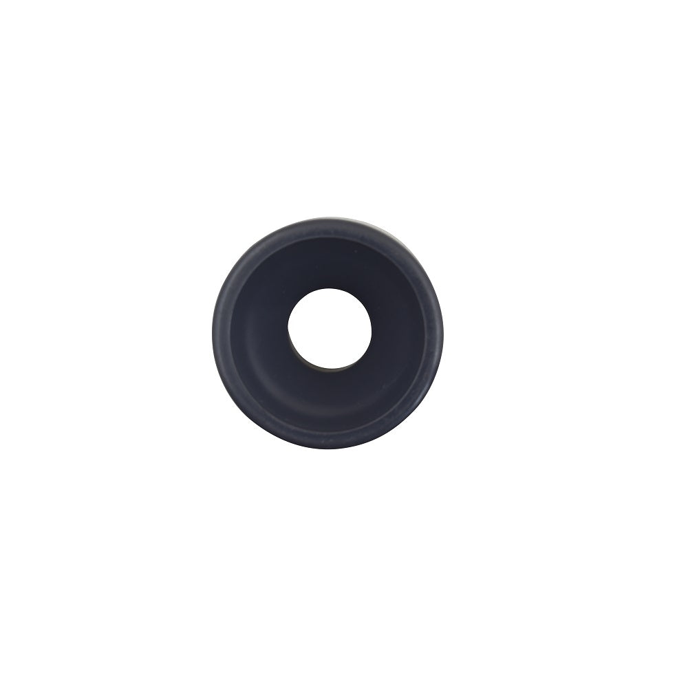 Black PVC reducer fitting 50mm to 20mm with tapered concave profile and central circular opening, top-down view