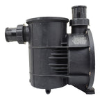 Black plastic pool pump body with side inlet port, top outlet port, ribbed housing, and warning label on white background