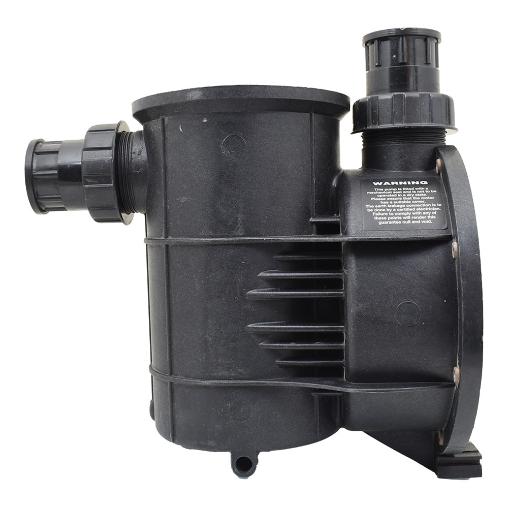 Black plastic pool pump body with side inlet port, top outlet port, ribbed housing, and warning label on white background
