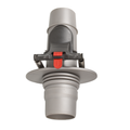 Grey plastic pool cleaner regulator valve with red release lever, flanged collar, ribbed fitting, and spring-clip mechanism
