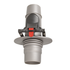 Grey plastic pool cleaner regulator valve with red release lever, flanged collar, ribbed fitting, and spring-clip mechanism