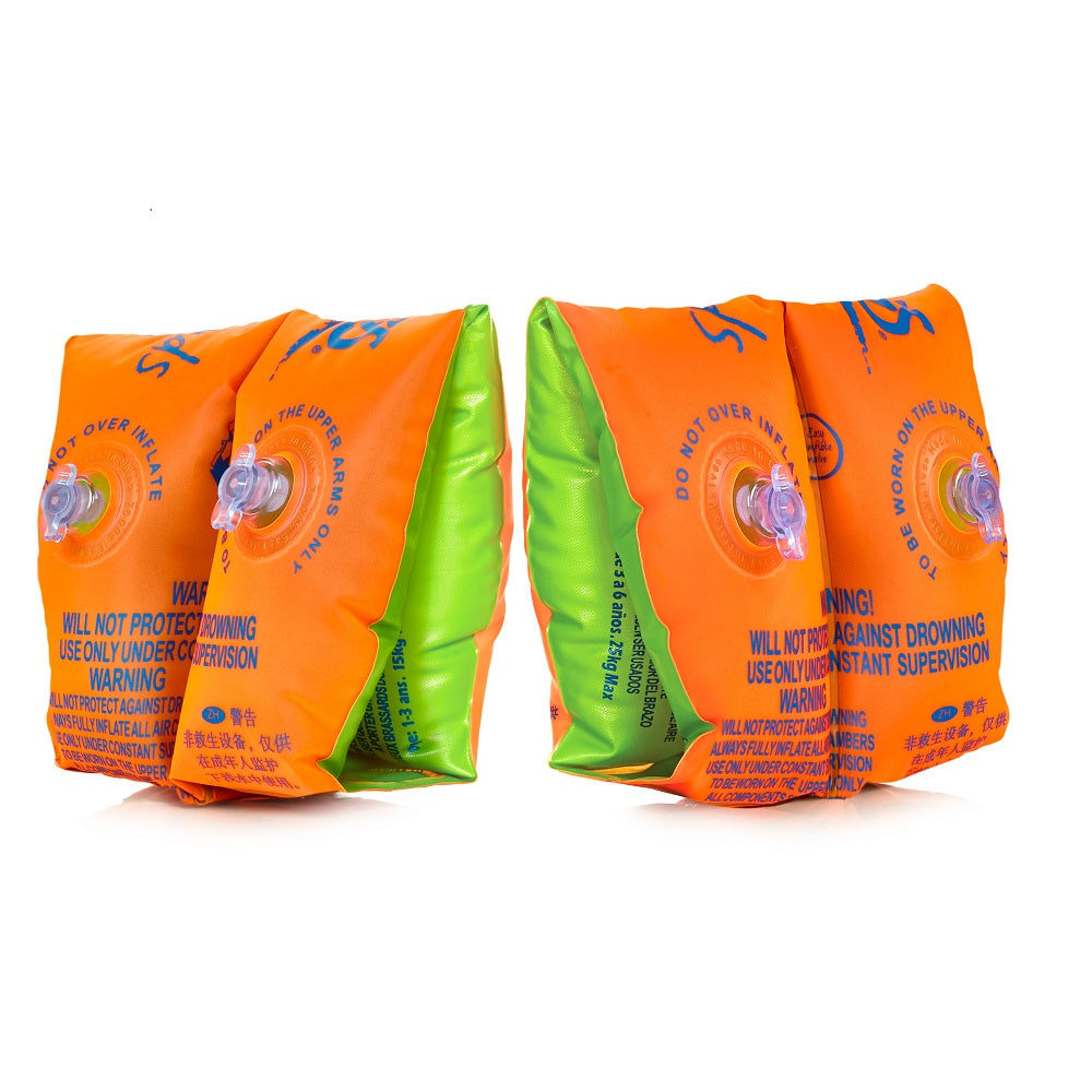 Zoggs inflatable arm bands for toddlers 1-3 years, orange and lime green PVC with dual air valves and blue safety text printed on sides