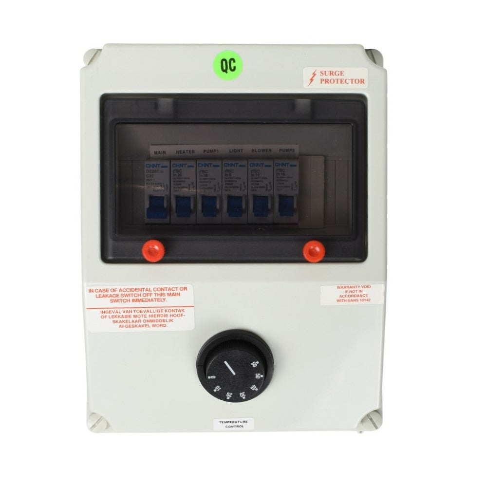 Grey spa distribution board box with six labelled circuit breakers, surge protector label, and rotary temperature control dial