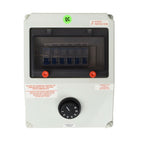 Grey spa distribution board box with six labelled circuit breakers, surge protector label, and rotary temperature control dial