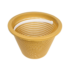 Swimquip pool skimmer weir basket in mustard yellow perforated plastic with white handle, tapered cylindrical design