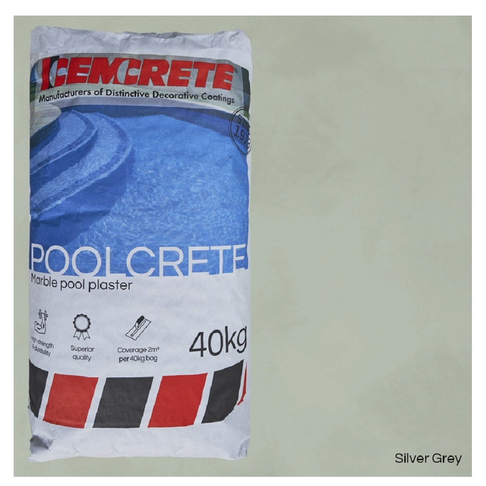 Cemcrete Poolcrete marble pool plaster in Silver Grey, 40kg paper bag with red and grey striped base