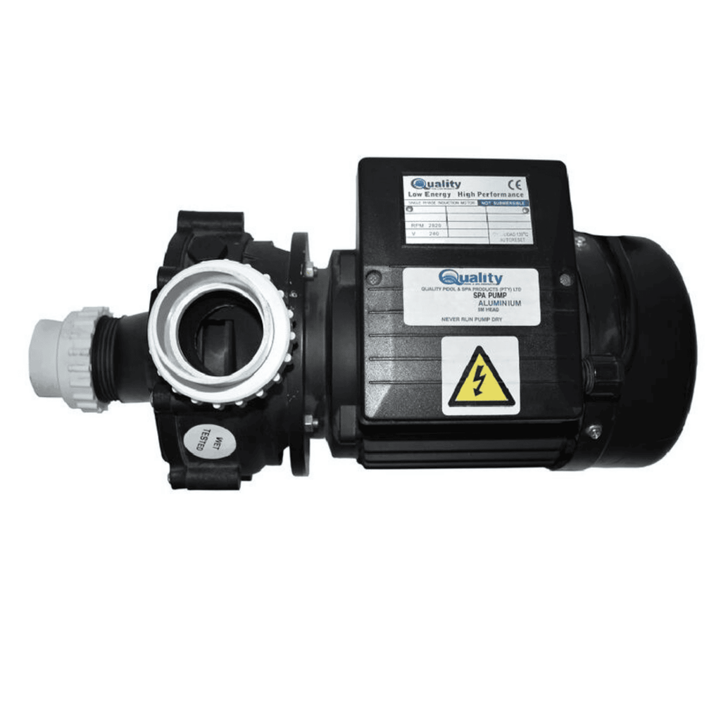 Quality spa pump 0.6kW black aluminium motor unit with white inlet port and electrical warning label, self-draining design