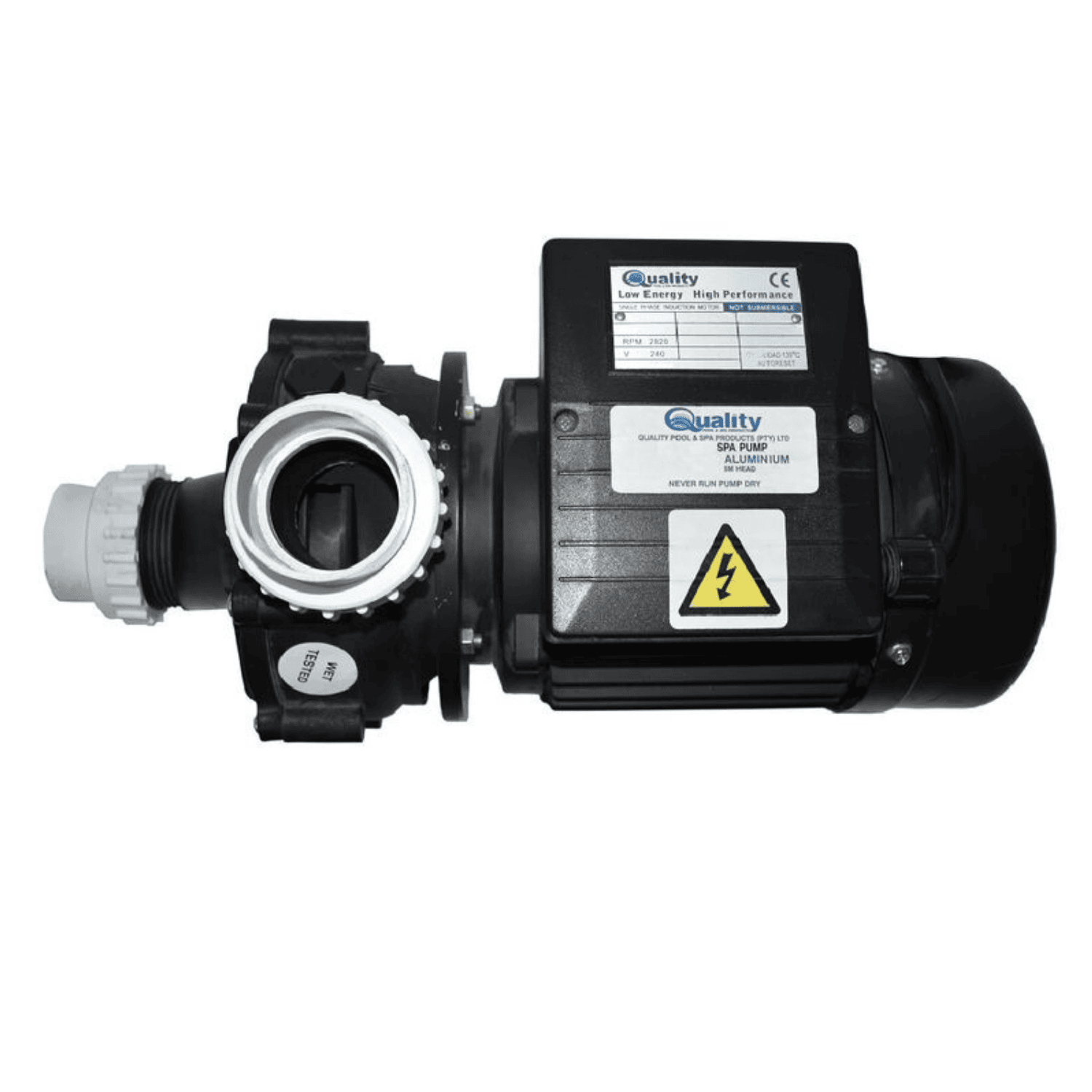 Quality spa pump 0.6kW black aluminium motor unit with white inlet port and electrical warning label, self-draining design