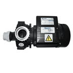 Quality spa pump 0.75kW black aluminium motor unit with white inlet port and electrical warning label, self-draining design