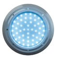 Round LED pool light with blue-white illuminated lens, silver metal flush-mount bezel and visible screw fittings