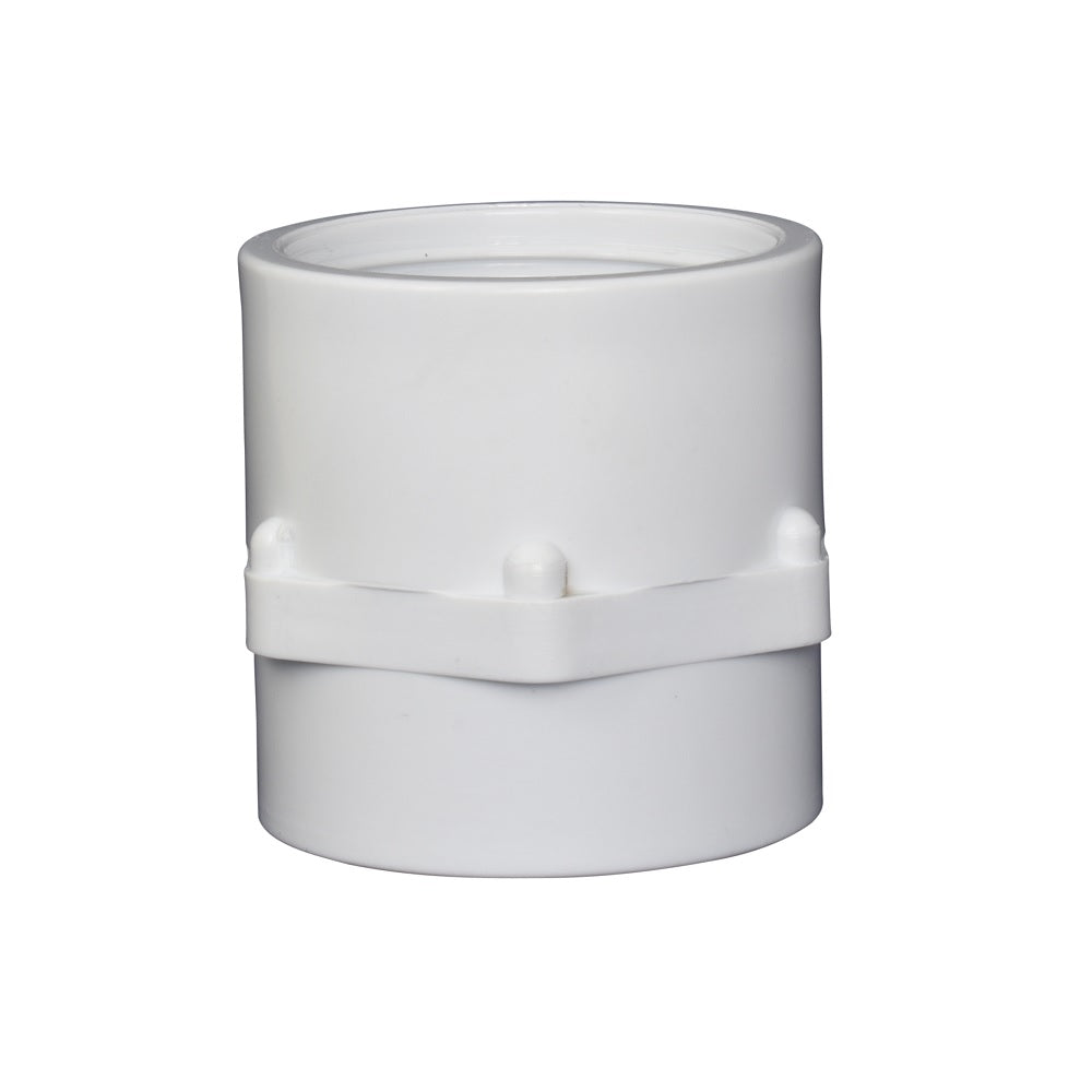 White PVC female tank adaptor fitting with threaded interior, stepped body and centre locking band with nub detail