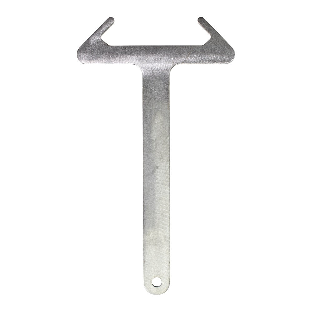 Collins Filter Lid Spanner, brushed stainless steel T-shaped tool with forked head and hanging hole, on white background