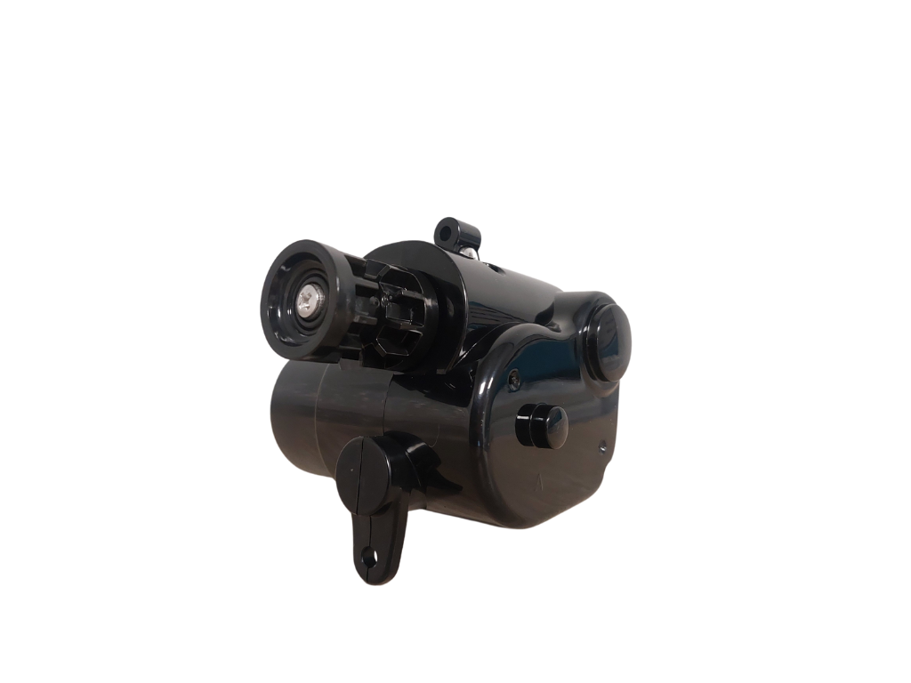 Zodiac AX20 Gearbox Side A in gloss black, showing dual cylindrical ports and mounting bracket on white background