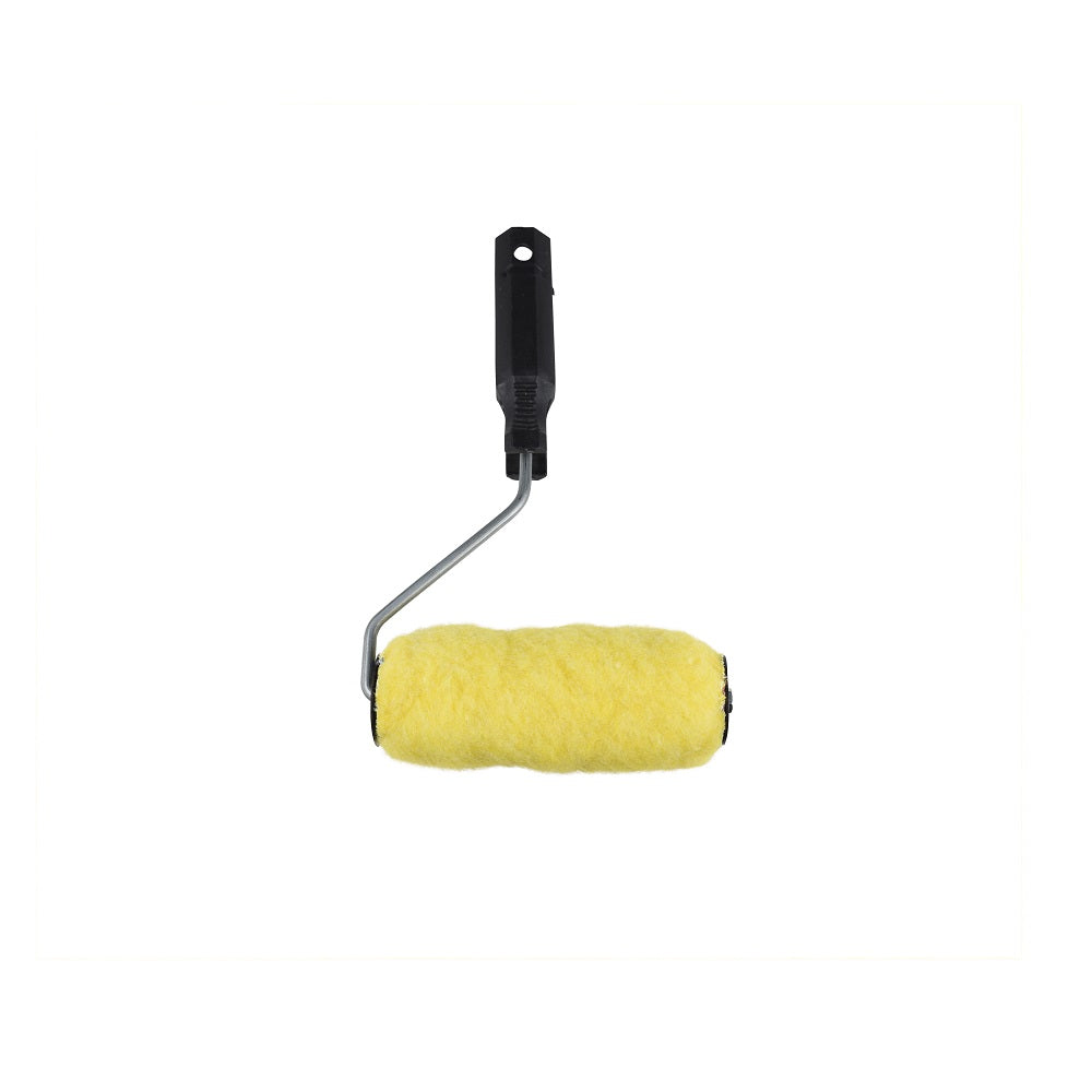 Paint roller with yellow fibreglass sleeve, silver wire frame and black plastic handle, 150mm width, on white background
