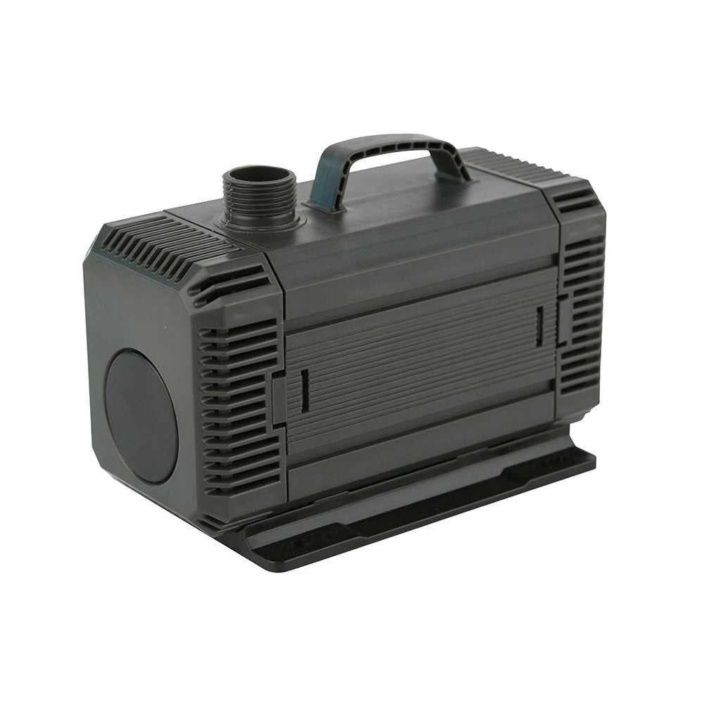 Submersible water pump dark grey plastic housing with carry handle, ribbed vents, threaded outlet port and flat base