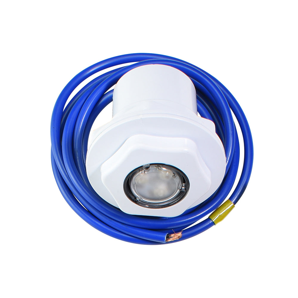 White plastic underwater LED pool light with chrome-rimmed lens, coiled blue electrical cable with exposed earth wire