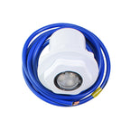 White plastic underwater LED pool light with chrome-rimmed lens, coiled blue electrical cable with exposed earth wire
