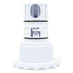 White plastic spa jet inner with threaded base, open port body, and dual rubber O-rings for watertight seal