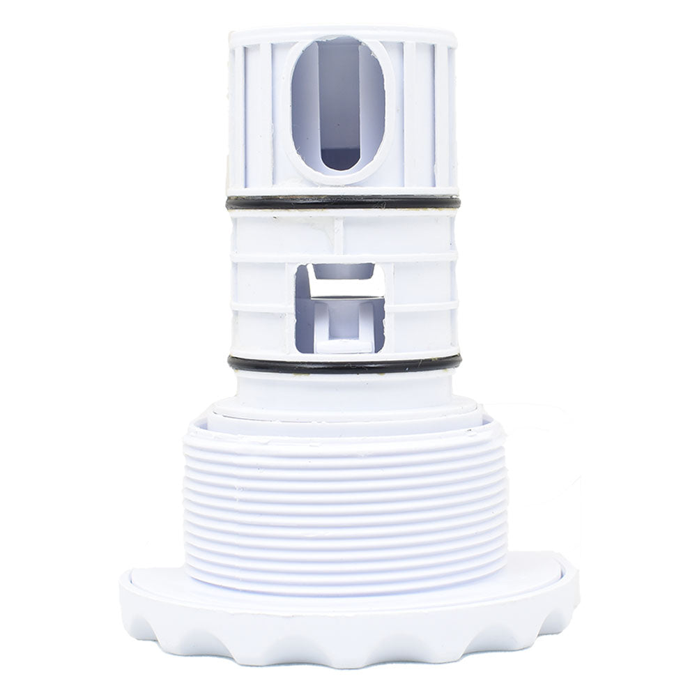 White plastic spa jet inner with threaded base, open port body, and dual rubber O-rings for watertight seal