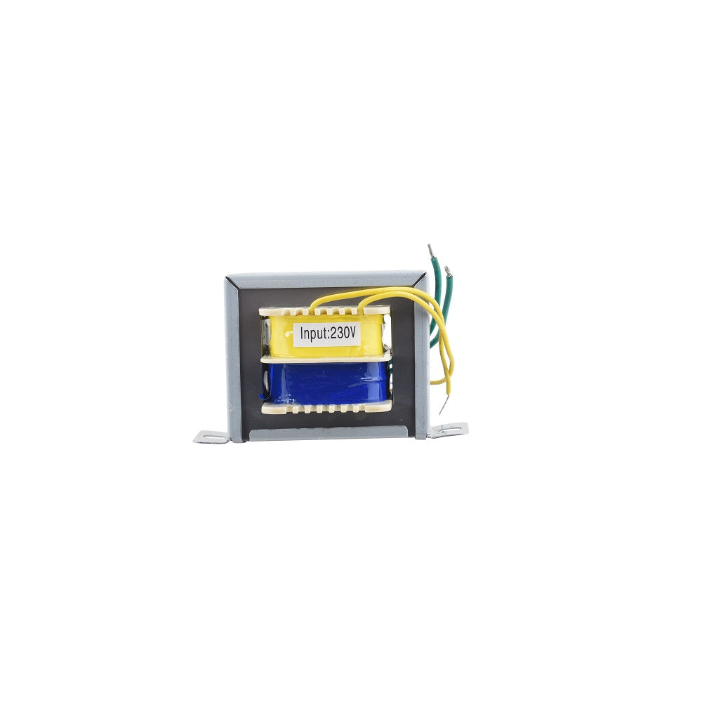 Aqua Pro 18VA electrical transformer with grey steel frame, yellow and blue coil winding, labelled Input: 230V, with yellow and green lead wires