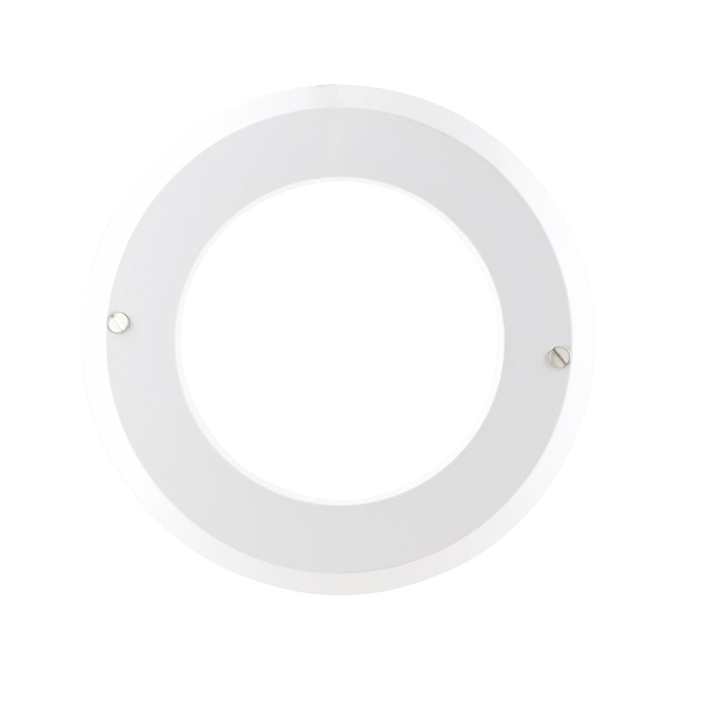 White circular electrical adaptor ring with open centre and two silver screws, flat plastic construction