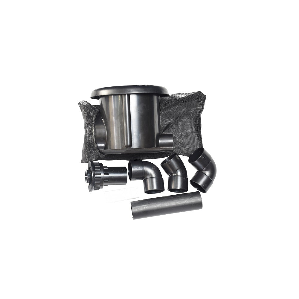 Black pool skimmer kit with cylindrical housing, mesh bag, elbow fittings, pipe extensions and flange adapter included